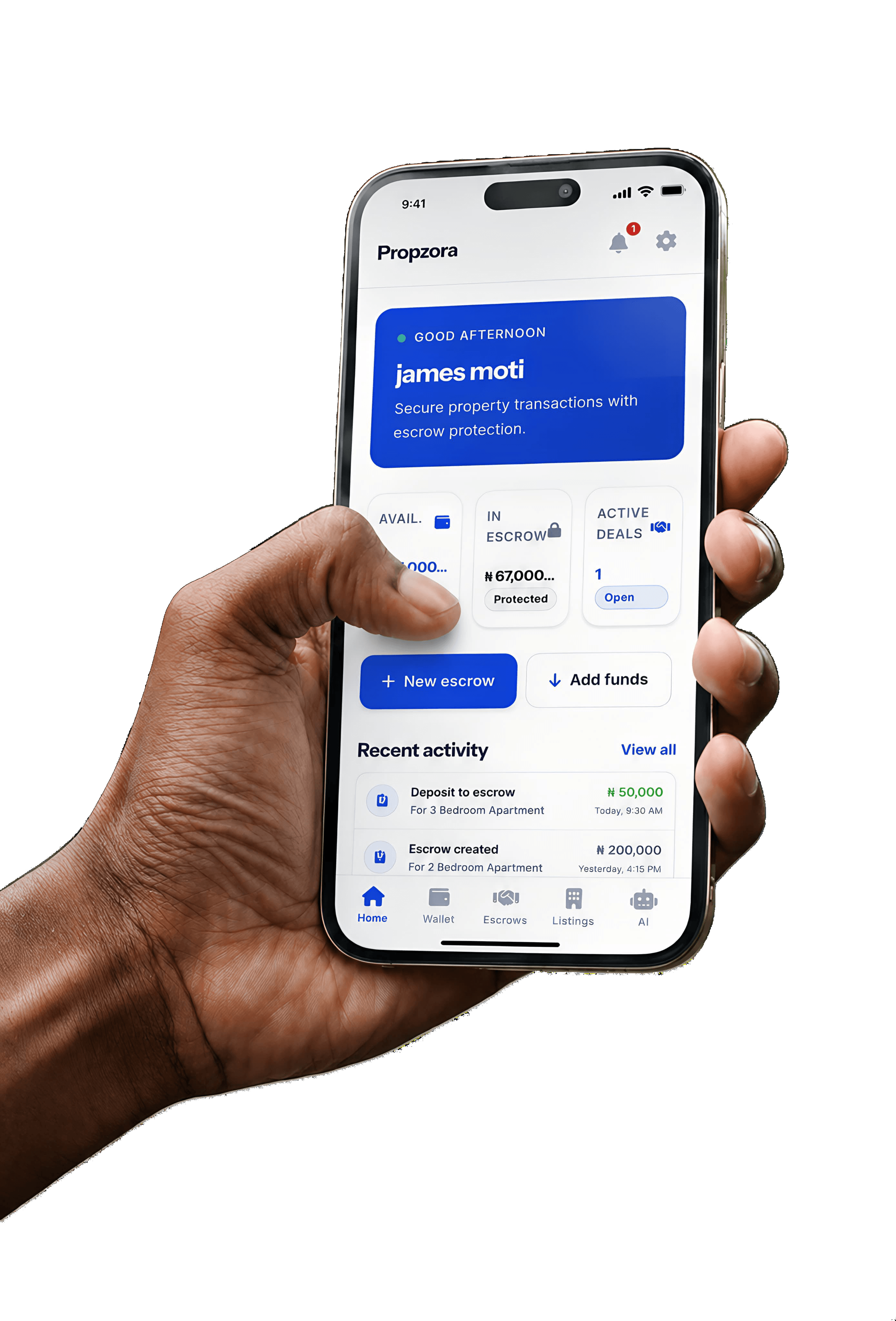 Propzora mobile app — dashboard showing escrow balance and recent activity