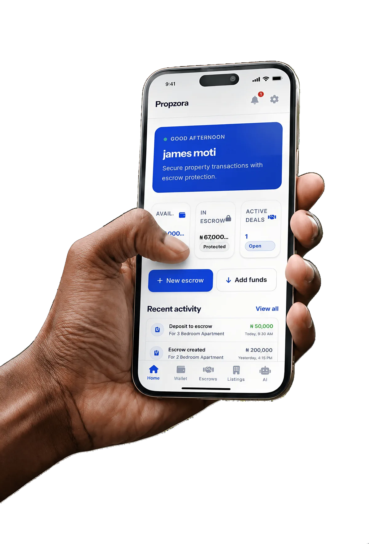 Propzora mobile app — dashboard showing escrow balance and recent activity